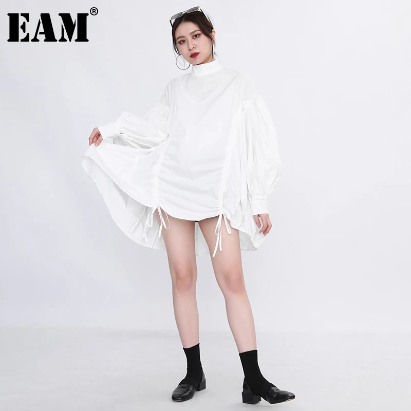 

[EAM] Женская Асимметричная блузка большого размера на завязках, новая свободная рубашка с воротником-стойкой и длинными рукавами, модная дем...