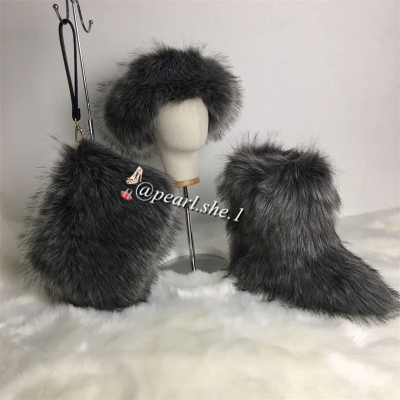 

Fashion Fox Faux Headband Furry Purses Sets Long Women Boots Shoes Women Boots Women Boots Flat With Bag