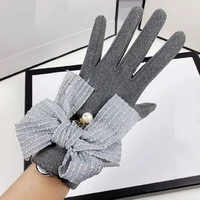 women winter driving gloves ladies girls outdoor bowknot pearl full finger touch screen mittens 1 pair solid color party gloves