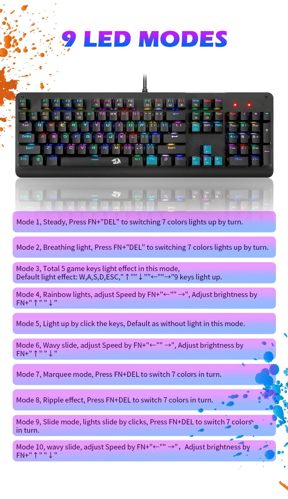 Redragon, новинка, K581, RGB, USB, Механическая игровая клавиатура, синий переключатель, светодиодная подсветка, 104 ключ, Проводная компьютерная игра, FPS, мопс, Overwatch