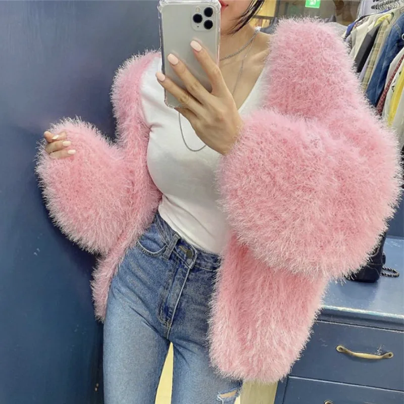 

Sweater V-neck Furry Loose Knit Cardigan Mohair Crochet Jacket Faux Fur Plush Jacket Velvet Lantern Sleeve Top Sweater Jacket