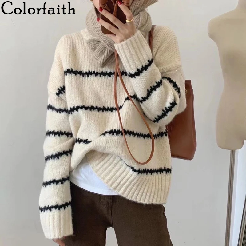 

Colorfaith New 2021 Women Autumn Winter Sweater Knitted Oversize Wild Warm Striped Fashionable Vintage Pullovers Tops SW1350JX