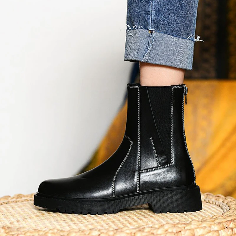 

2021 Winter Women's Boots Short Round Toe Square Heel Chelsea Solid Color Ladies Shoes Sewing Fashion Slip-on Female Knight Boot