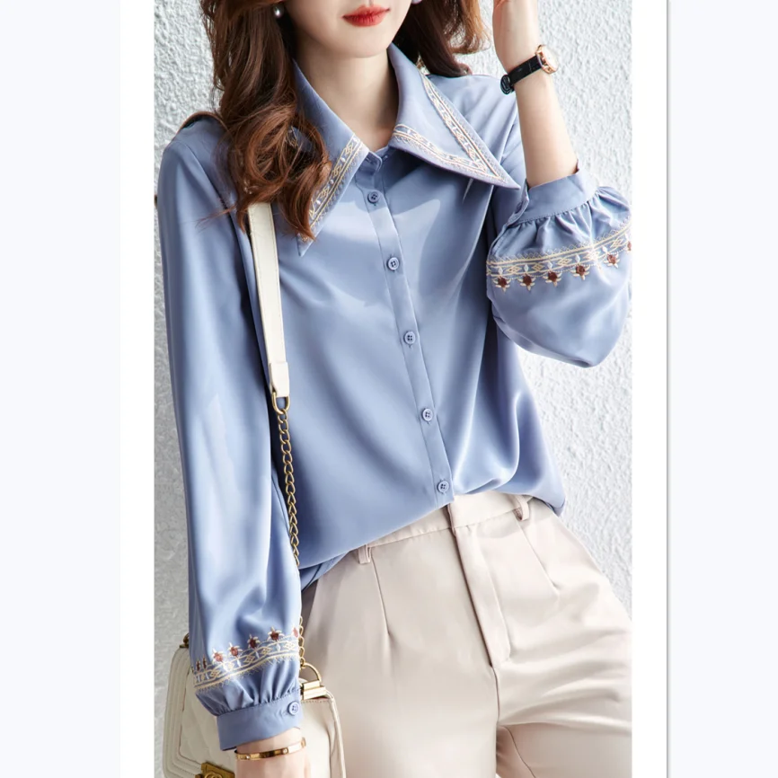 

Chiffon Loose Women's Shirts Casual Long Sleeve Blusas New Fashion Blouses Embroidery Polo-collar Shirt Autumn Houthion