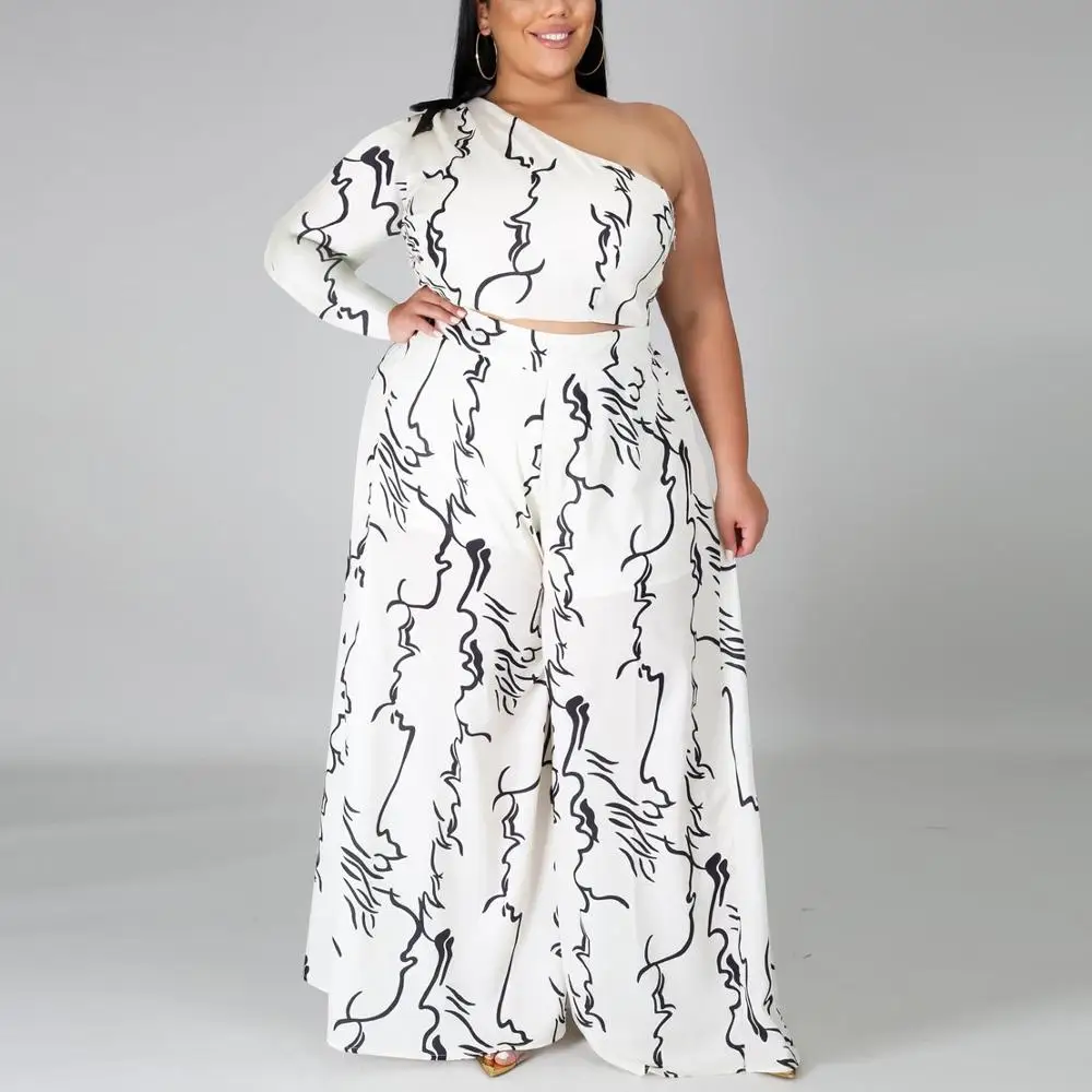 

Two Pieces Set For Women Matching Sets 3xl 4xl Plus Size White Print Blouse Tops One Shoulder Flare Pants Fashion Cloth Set Big