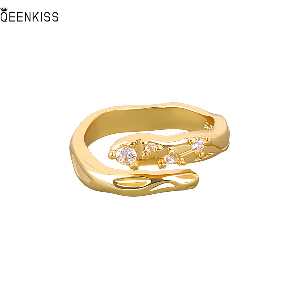 

QEENKISS RG6222 Fine Jewelry Wholesale Fashion Woman Girl Birthday Wedding Gift Snake AAA Zircon 18KT Gold White Gold Open Ring