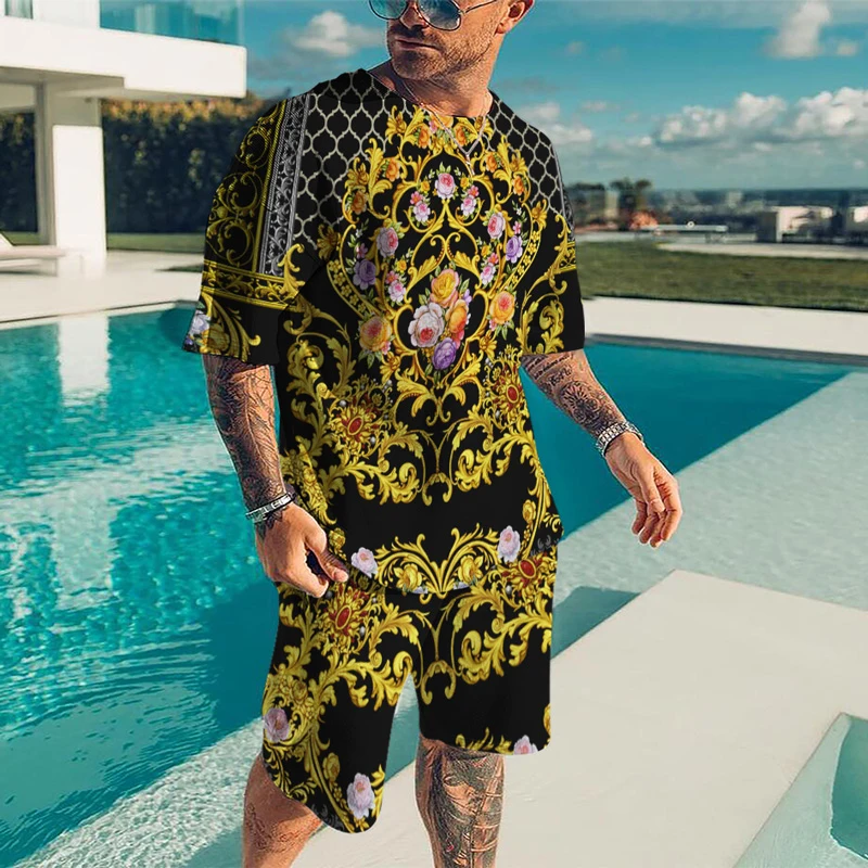 

Chinese Style Men's Round Neck Oversized T-Shirt + Shorts 2-Piece Retro Harajuku Street Personality Trendy Sweatshirt