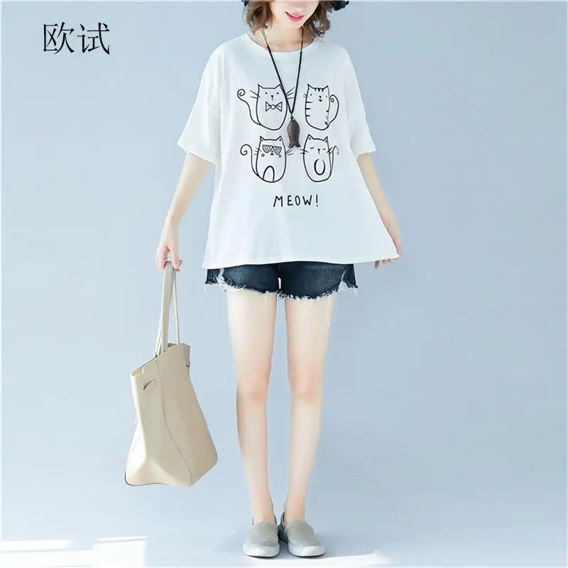 2020 летняя Корейская Хлопковая женская футболка с рисунком кошки милая белая