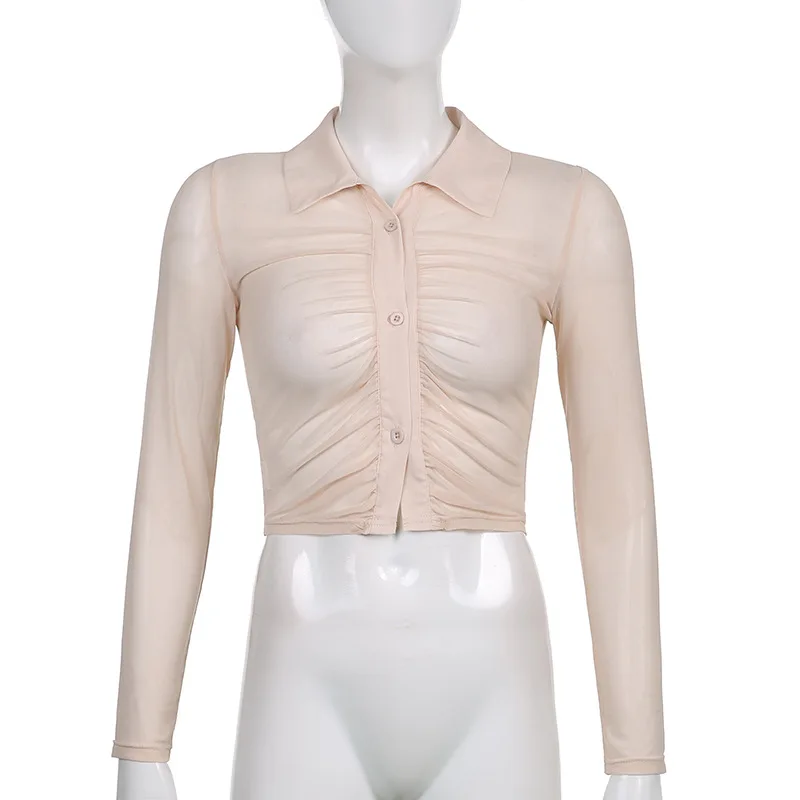 

Giyu Mesh Autumn Solid Basic Ruched T-shirts Women Turn-down Collar Sexy Buttons Crop Tops Female Streetwear Long Sleeve Tees