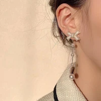 sweet girl bow metal ear studs high end romantic long pearl tassel earrings female french retro niche earrings jewelry