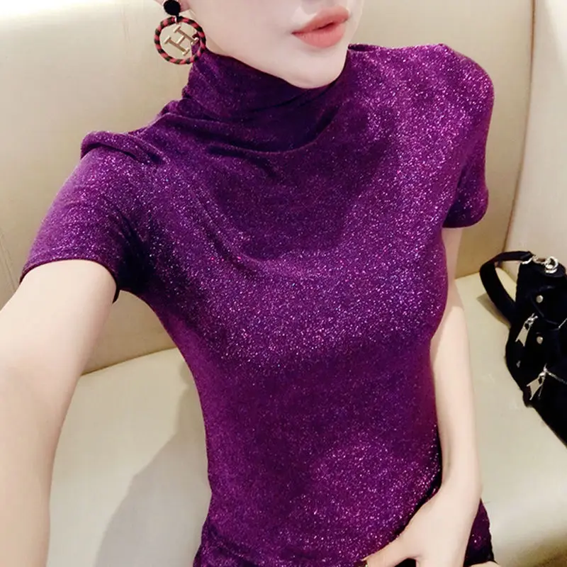 

High collar short sleeve women's new women's 2021 foreign style bottoming shirt women's Joker women's small shirt