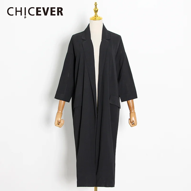 

CHICEVER Black Windbreakers For Women Lapel Three Quarter Loose Oversized Solid Streetwear Trench Female 2021 Autumn Clothes New