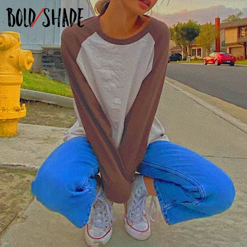 

Bold Shade Streetwear 90s Style T-shirt Y2K Patchwork Solid Loose Indie Fashion Grunge T Shirts Casual O-neck Long Sleeve Tees