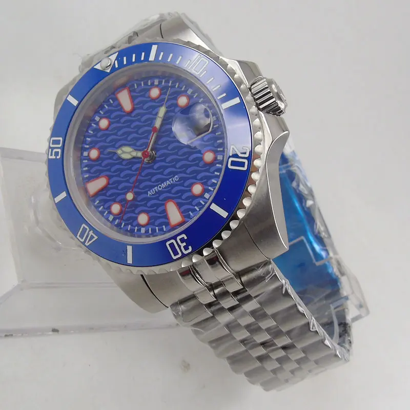 

Blue Dial 40mm Brand Sapphire Glass Mechanical Men Wristwatch Date Window Mental Strap MIYOTA Movement