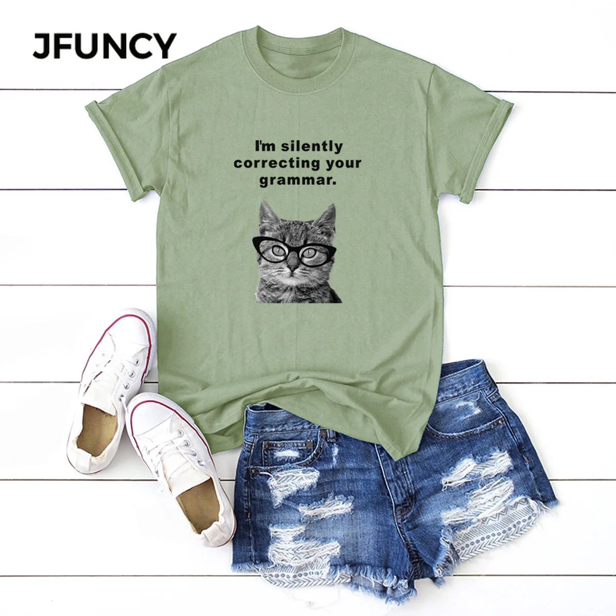 JFUNCY Cat Print T Shirt Women Short Sleeve Loose Tshirt  Woman Summer Cotton Tee Shirts  Female Tops