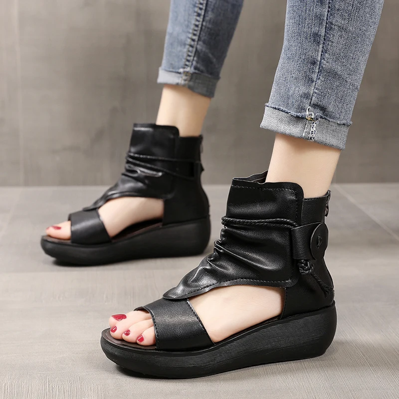 

Rimocy Summer New New Women Open Toe Gladiator Sandals Wedges Hollow Out Platform Shoes Woman High Quality PU Leather Sandalias