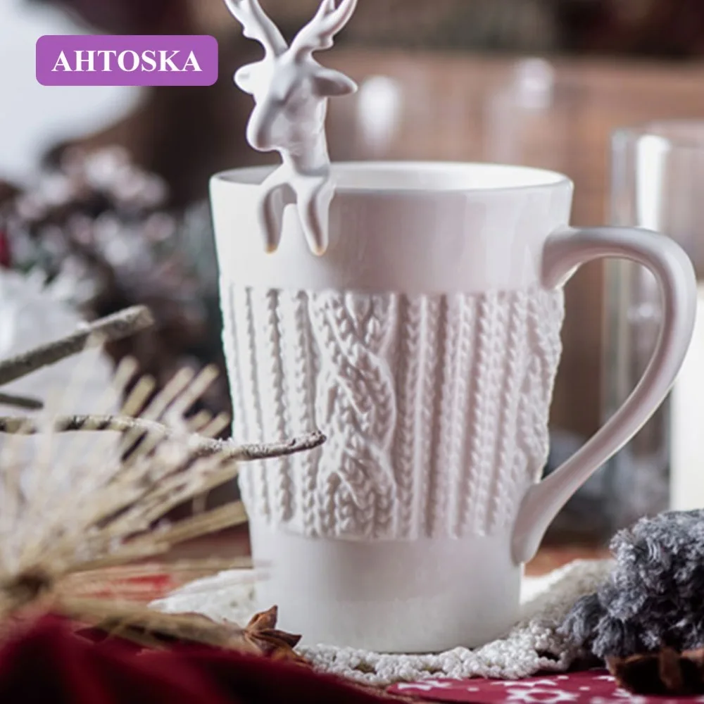 

AHTOSKA 3D милая рельефная кофейная кружка с оленем, чашки для пары, рождественские кружки, чашки для молока и чая, керамическая кружка для снега,...