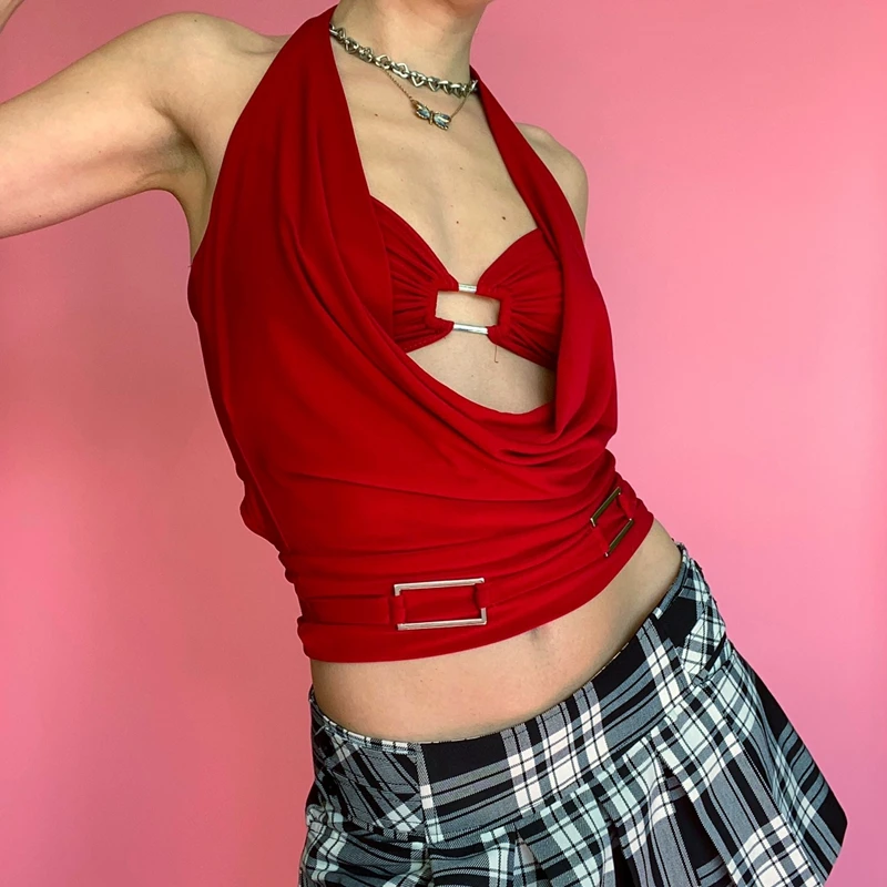 Seksowna klatka piersiowa krótka bluzka wiązana na szyi letnia bez rękawów Backless czerwona koszulka bez rękawów damska odzież miejska, klubowa, na imprezę Mini podkoszulek y2k ubrania