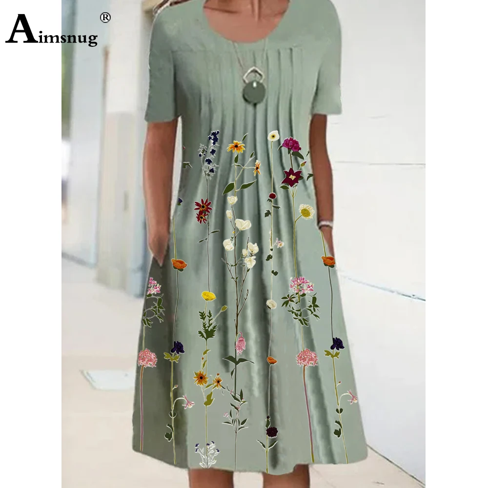 

Women Elegant Fashion Pleated Knee-Length Dress Short Sleeve Bohemian Flower Print Dresses 2021 Summer Femme A-Line Party Dress