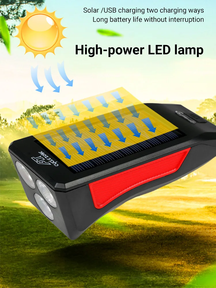 

3 in 1 Solar Power Bike Light 2200mAh Power Bank USB Rechargeable Bicycel Front Light 120dB Speaker Horn Cycling MTB Headlight