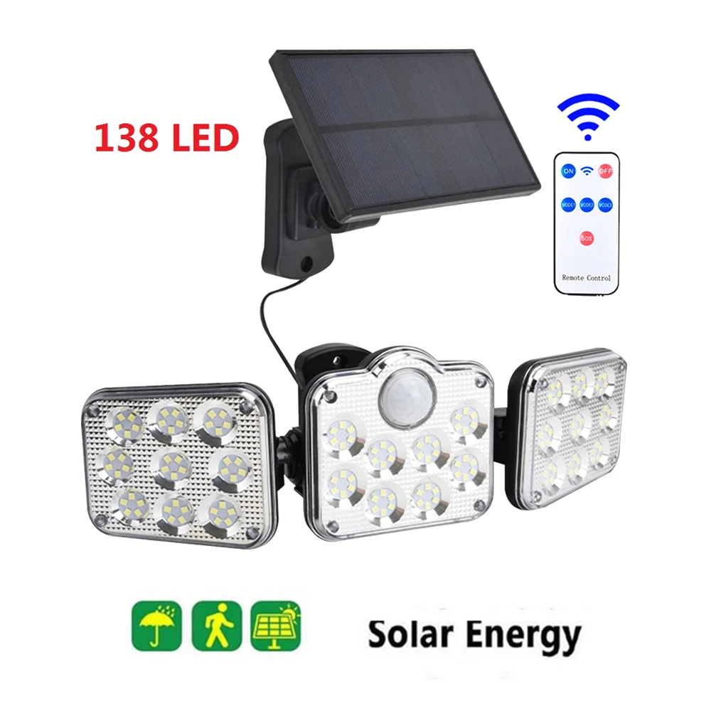 

138 led remote seperable Solar Lights Outdoor 3 Head Motion Sensor 270 Wide Angle Illumination Super Bright Waterproof Wall Lamp