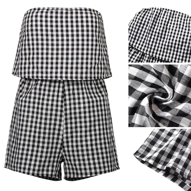 Plaid Playsuit Women 2019 Summer Sexy Off Shoulder Sleeveless Rompers Jumpsuit Beach Party Slash Neck Slim Ruffle jumpsuit | Женская