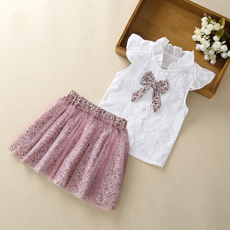 

Hot-selling Girls' Summer Suits New Short-sleeved Shirt + Mesh Short Skirt Children Cute Casual Clothing 2 Piece Set Outfits
