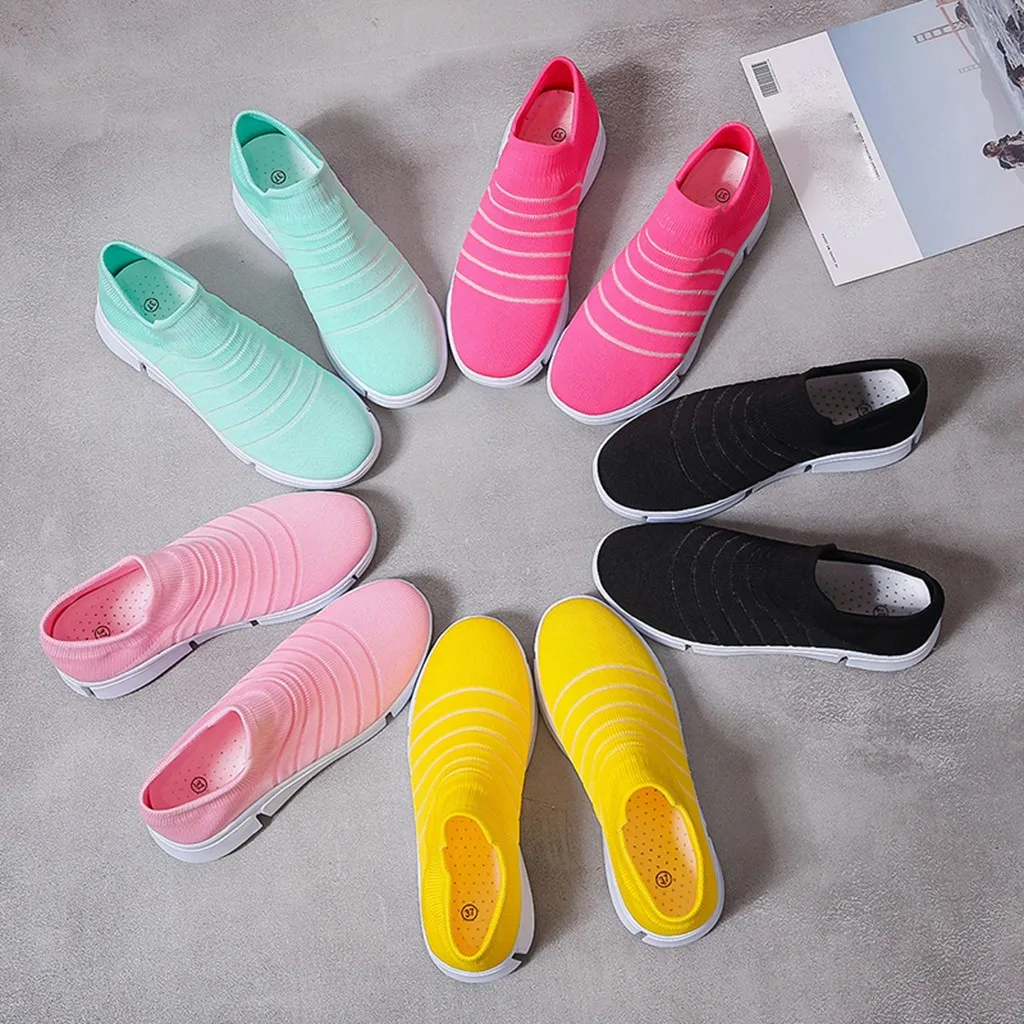 Кроссовки женские вязаные без шнуровки плоская Вулканизированная подошва