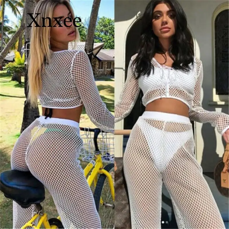 

Sexy Women V-neck Jumpsuit 2 Pieces Outfits Mesh Fishnet Hollow Out T-shirt Crop Tops Long Wide Leg Pants Tracksuit Casual Set