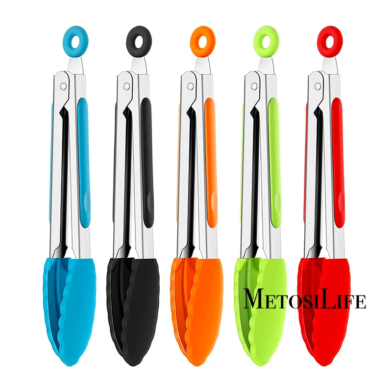 

7 Inch Stainless Steel Colorful Silicone Kitchen Tongs Serving Tongs Cooking Tongs For Salad, Grilling, Frying and Cooking