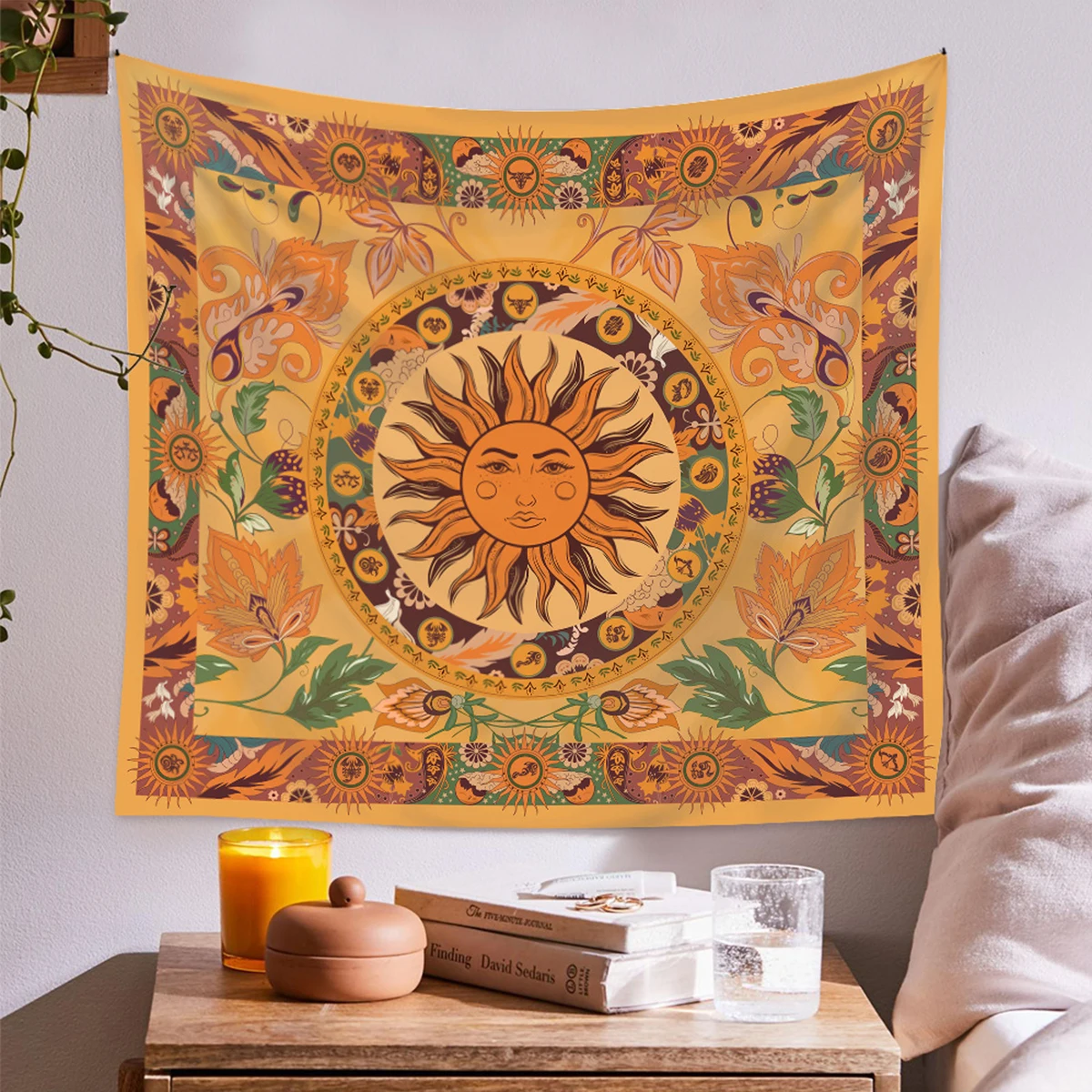 

Bohemian Wall Hanging Mystic Tapestry Retro Floral Tapestry Yellow Burning Sun Vines Tapestries for Home Room Bedroom Wall Decor