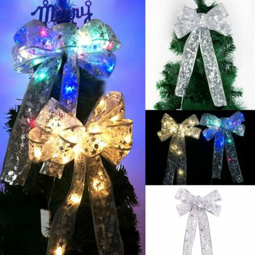 

Christmas LED Tree Top Topper Ribbon Bow Light Up Printed Gauze Bow Christmas Tree Blast Yard Party Hanging Decorations