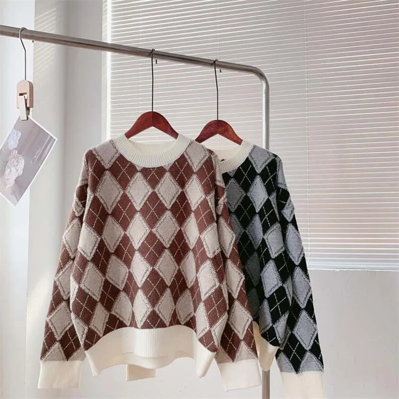 

DAYIFUN Argyle Sweater O Neck Pullover Vintage Korean Fashion Leisure Baggy College Style Chic Knitted Autumn Winter Dress 2021
