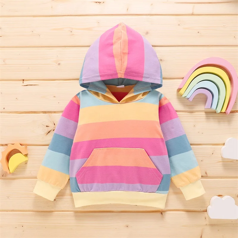

Autumn Spring Kids Hoodies Children Girl Boy Rainbow Stripe Hooded Long Sleeve Sweatshirt