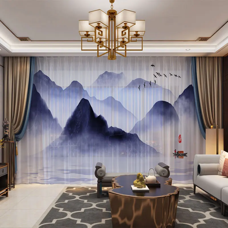 Шторы с изображением гор и пейзажа в китайском стиле занавески драпировкой на