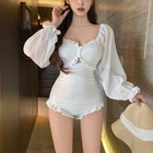 Женское Монокини, Цельный купальник с длинными рукавами-фонариками, однотонный купальник с низким вырезом, пляжная одежда в Корейском стиле с оборками и подкладками, 2021