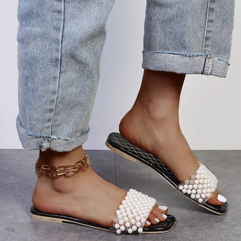 

2021 Elegant Slippers Women Fashion Pearl Flat Sandals Women Summer Casual Shoes Ladies Open Toe Flip Flops Zapatillas Mujer