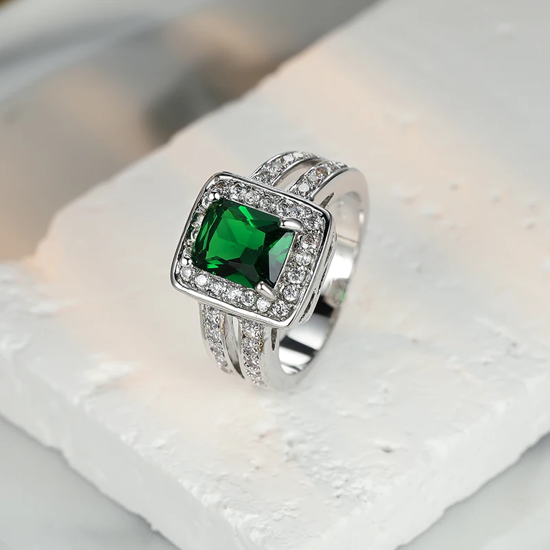 

Elegant Square Emerald Zircon Ring for Women Silver Color Bridal Wedding Engagement Statement Ring Jewelry Size 6 7 8 9 10