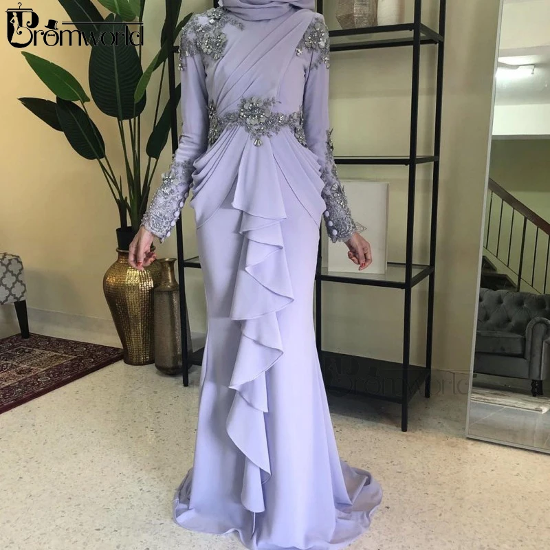 

Muslim Lilac Prom Dresses 2023 High Neck Long Sleeves Formal Dress Hijab Mermaid Chiffon Vestido De Festa Evening Gowns