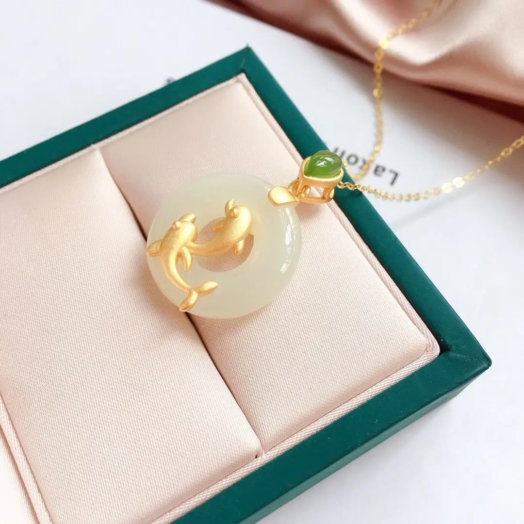 

2021 hot new style Natural Hetian White Jade Pisces Pendant Safety Buckle Pendant Necklace Ancient Style Thick Gold Inlaid Or