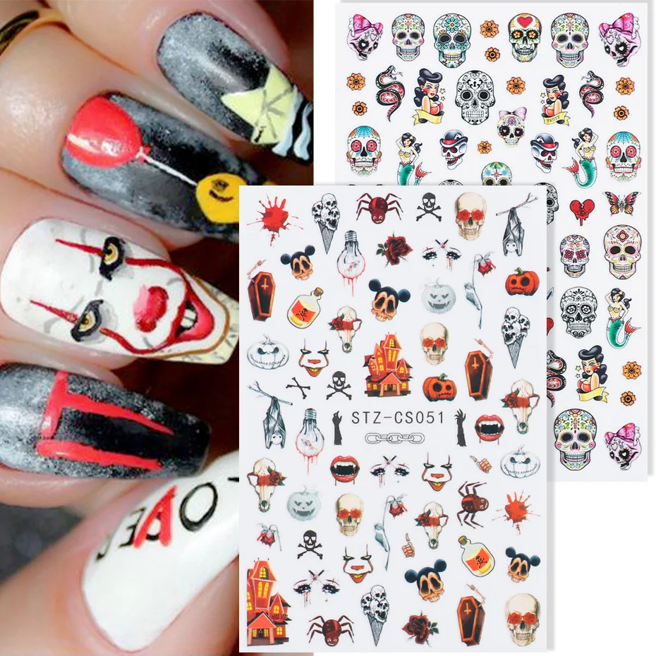 Halloween Nail Art Sticker Skull Bone Clown Pumpkin Sliders Snake Anime Cartoon Spider Decals Manicure Decor SASTZCS050-057