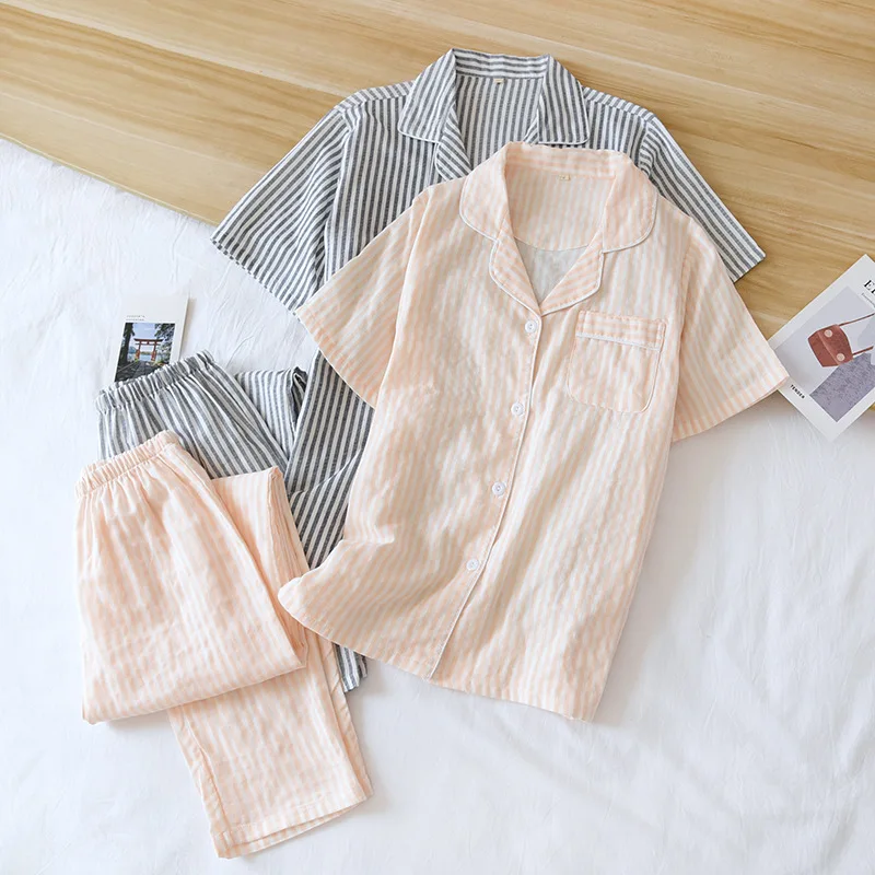 Spring and Summer Couple Pajamas Set Cotton Short Sleeve Trousers Pajamas Set Women Cotton Yarn Thin Men's Lapel Loose Home Wear