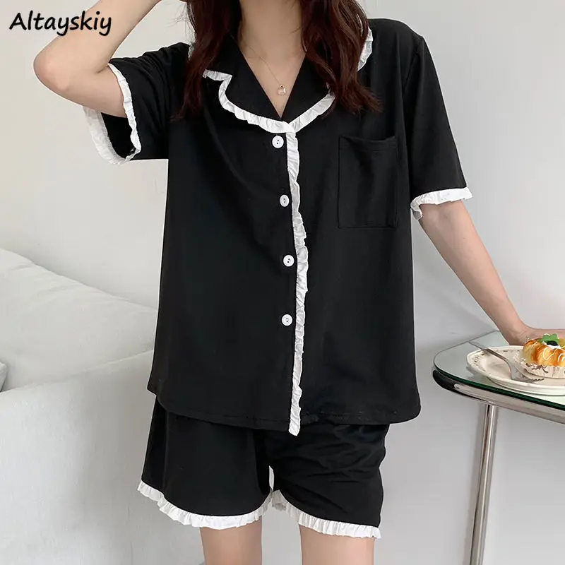 

Pajama Set Women Solid Ruffles Casual Loose Summer Short Sleeve Simple 2 Piece Nightwear Elegant Lady Ins Korean Style Homewear