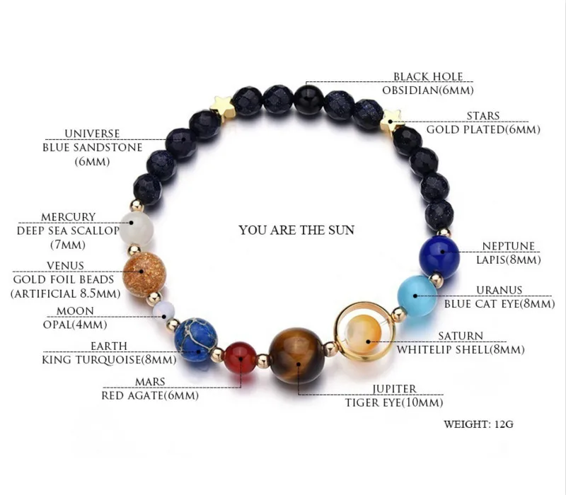 New Fashion Universe Galaxy Eight Planets Solar System Guardian Star Natural Stone Beads Bracelet