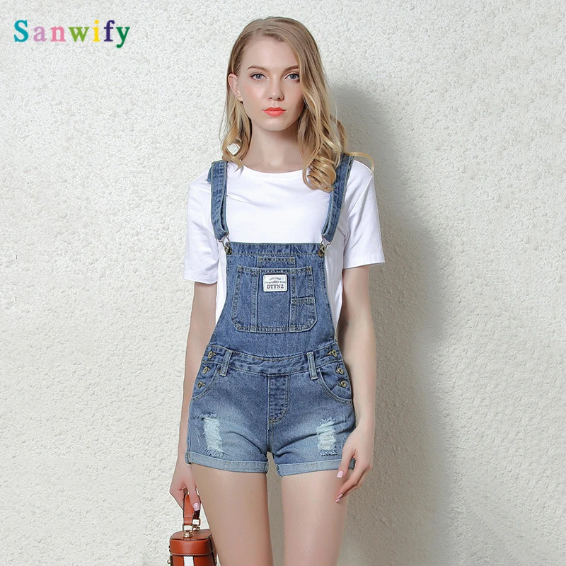 

Shorts Women New Summer Hole Cuffs Shorts Ripped Suspenders High Waist Denim Shorts Overalls Short