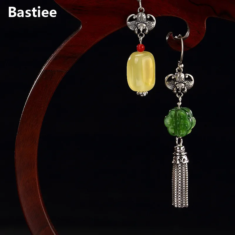 Bastiee Asymmetric Vintage Drop Earrings 925 Sterling Silver Jewelry For Women Dangle Earings Jasper Amber Chinese
