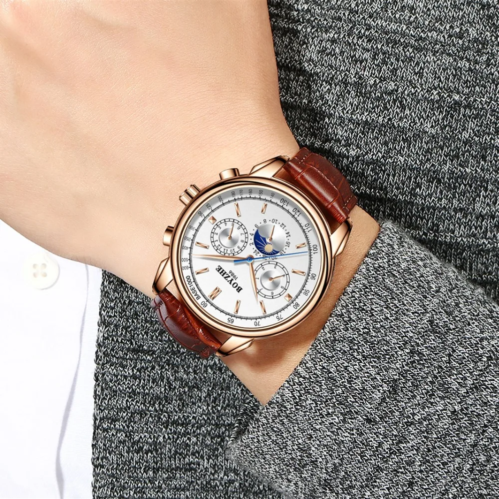 

BOYZHE Men Top Luxury Brand Automatic Mechanical Watch Casual Leather Moon Phase Military Week Display Watches Relogio Masculino