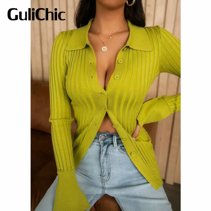 Женский трикотажный топ GuliChic винтажный однобортный свитер с отложным воротником