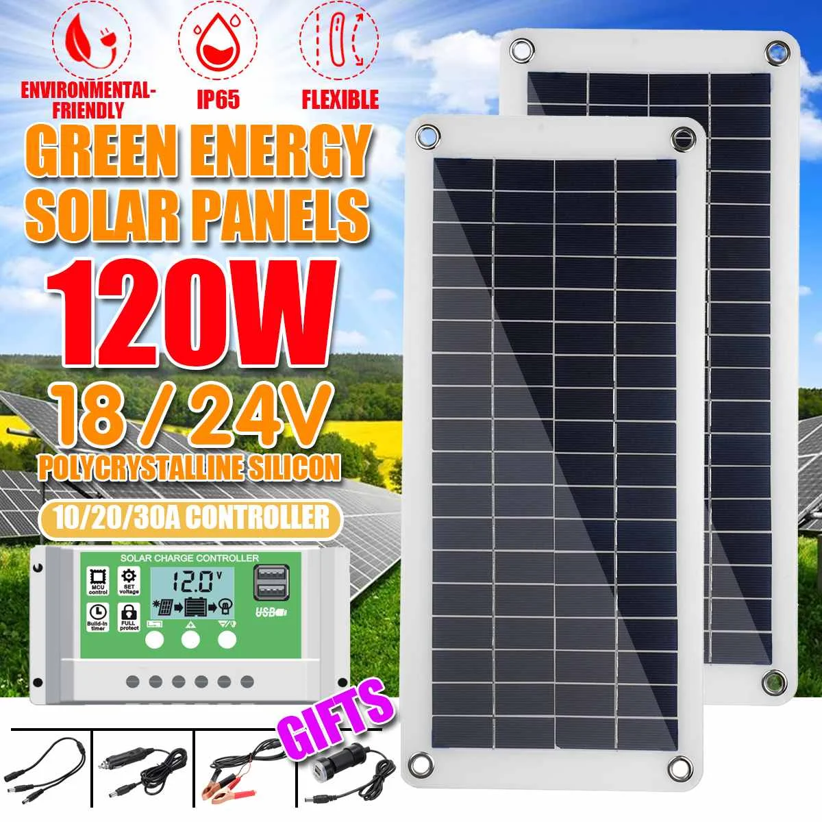 Солнечная панель 120 Вт 18 в с двойным выходом USB поли солнечная 10/20/30 а контроллером