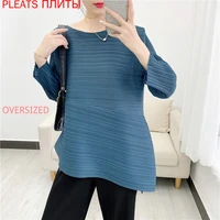 spring and autumn new miyake folded top irregular t shirt long sleeve loose large size womens fashion casual all match pleats